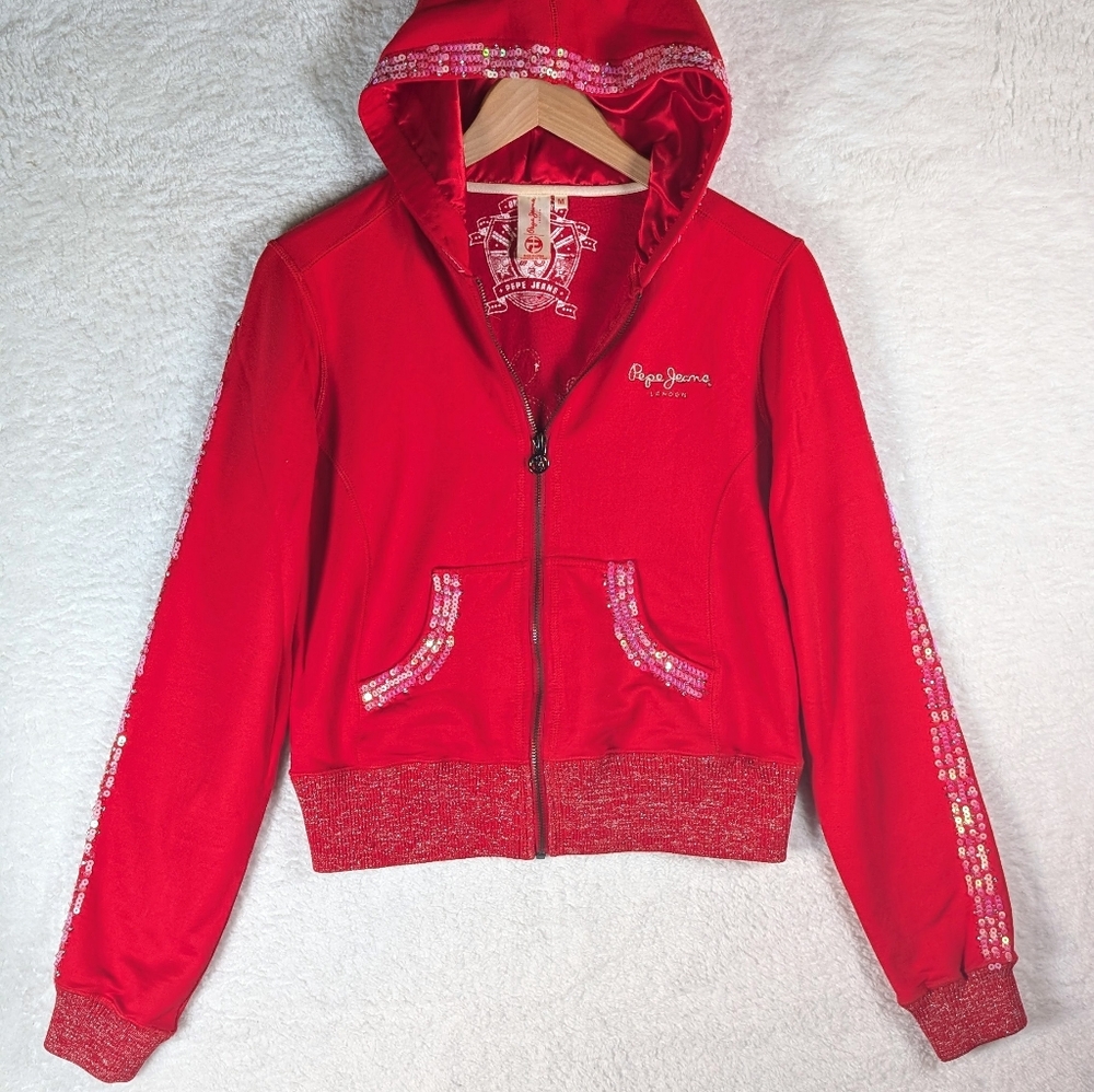 Pepe Jeans Red Hoodie with Sequin Accents‎